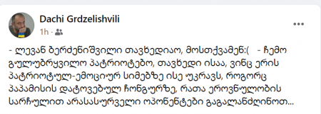 "ლევან ბერძენიშვილი თავხედიაო, მოსთქვამენ..." - დაჩი გრძელიშვილი