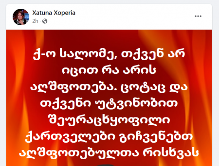 "თქვენ არ იცით, რა არის აღშფოთება. ცოტაც და თქვენი უტვინობით შეურაცხყოფილი ქართველები გიჩვენებთ აღშფოთებულთა რისხვას" - ხათუნა ხოფერია პრეზიდენტს