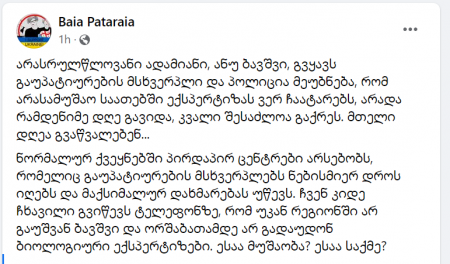 "ბავშვი გვყავს გაუპატიურების მსხვერპლი და პოლიცია მეუბნება, რომ არასამუშაო საათებში ექსპერტიზას ვერ ჩაატარებს, კვალი შესაძლოა გაქრეს" - ბაია პატარაია