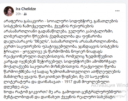 "გამოდით ცენტრალურუბნური მენტალობიდან და დაინახეთ ქვეყნის რეალური სახეხატი" - ირა ჭელიძე